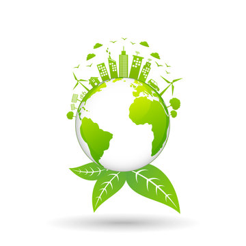 Ecology concept with green city on earth, World environment and sustainable development concept