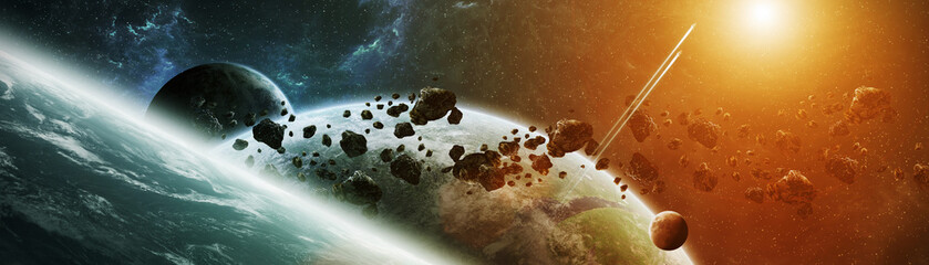 Naklejka premium Panoramiczny widok planet w odległym układzie słonecznym Elementy renderowania 3D tego obrazu dostarczone przez NASA