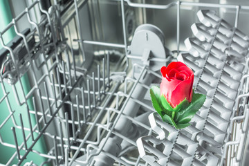 Gift dishwasher with a red rose inside