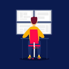 Guard sits and looks at the monitors. Flat style vector illustration.