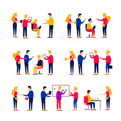 Office life, people work with computers, teamwork, meetings, team, brainstorming. Flat style vector illustration.