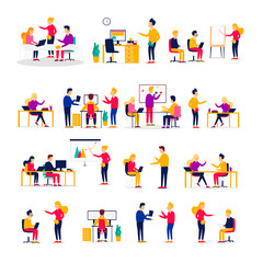 Office life, people work with computers, teamwork, meetings, team, brainstorming. Flat style vector illustration.