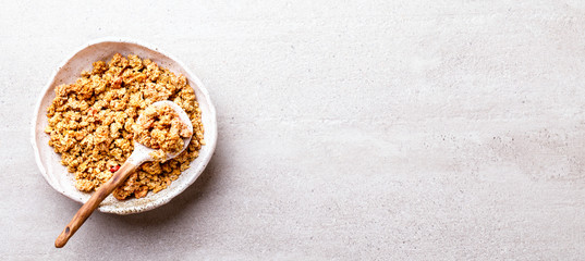 Granola Cereal bar on Background Breakfast  Healthy Food sweet dessert snack. Diet Nutrition Concept.Vegetarian food. Flat Lay.Top View. Copy space