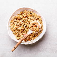 Granola Cereal bar on Background Breakfast  Healthy Food sweet dessert snack. Diet Nutrition Concept.Vegetarian food. Flat Lay.Top View. Copy space