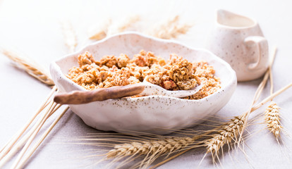 Granola Cereal bar with milk on Background Breakfast  Healthy Food sweet dessert snack. Diet Nutrition Concept.Vegetarian food. Copy space