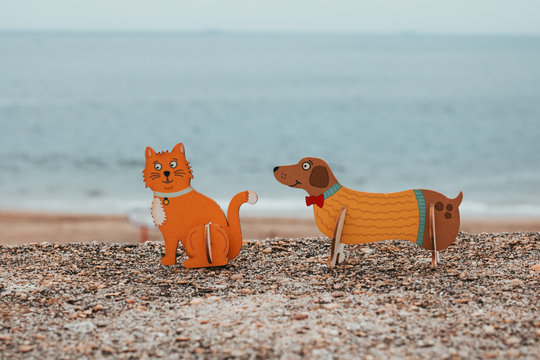 Cat and dog toys on beach - frenemies