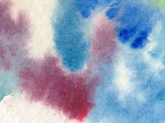 Watercolor abstract bright colorful textural background handmade . Painting of sky and clouds during sunset . Modern cosmic pattern . Shine