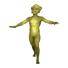 3D Rendering Green Alien on White