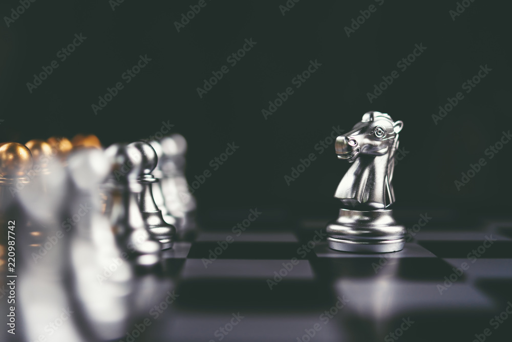 Wall mural Selected focus on silver chess. Business and strategy concept. Business planning and strategy. Chess game and relaxation.