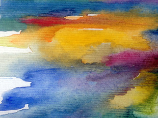 Watercolor abstract bright colorful textural background handmade . Painting of sky and clouds during sunset . Modern sky scape . Shine