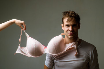 Bra model. Man with big Bra in underwear. Big boobs body parts. XXX size. XXL big size. Ready for...