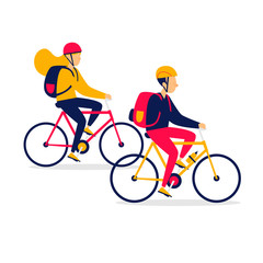 Guy and the girl are traveling by bicycles. Flat style vector illustration.