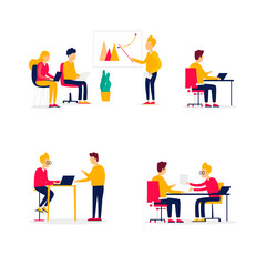 Office life, meeting, brainstorming, business, conference, courses, lectures. Flat style vector illustration.