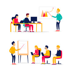 Office life, meeting, brainstorming, business, conference, courses, lectures. Flat style vector illustration.