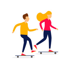 Guy and the girl go on skateboards. Flat illustration isolated on white background.