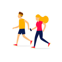 Fototapeta na wymiar Man and a woman are engaged in running, sports. Flat illustration isolated on white background.