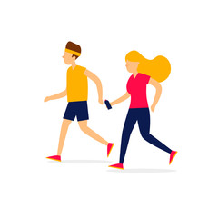 Man and a woman are engaged in running, sports. Flat illustration isolated on white background.