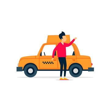 Taxi driver invites to ride. Flat illustration isolated on white background.