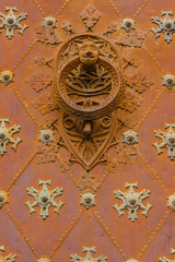 detail of the gate of the cathedral of Tarragona in Spain, the main worship of the city /the cathedral door is in Gothic style with rosettes and a doorknob