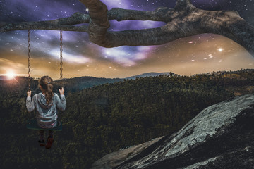 Girl plays on a swing while watching the view from the top of a mountain with starry sky and a beautiful sunset, illustration with photo montage