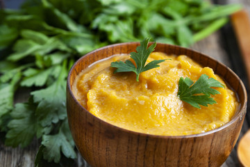 Cabbage caviar in a wooden bowl