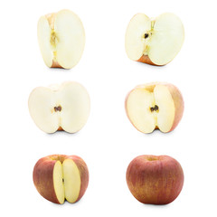 Set cut apple and slices isolated on white background.