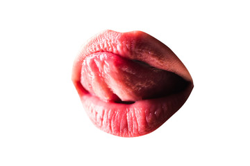 Sexy plump full lips.Women's secrets.Sexy mouth with sensual tongue close up with natural nude...