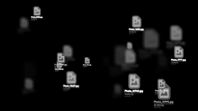 Futuristic virtual file storage flytrough. Files appear from black and dissolving in out of focus area.