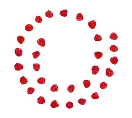 Raspberries arranged in spiral shape isolated on white background. Top view. Flat lay.