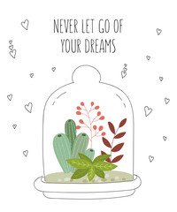 Vector postcard with cute house plants under glass. Gardening under the dome