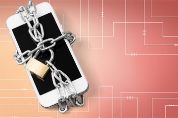 Modern smartphone with combination lock padlock. Concept of