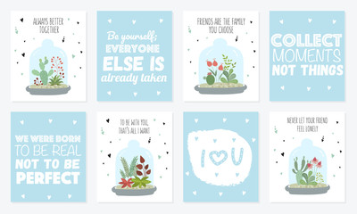 Vector postcard collection with cute house plants under glass