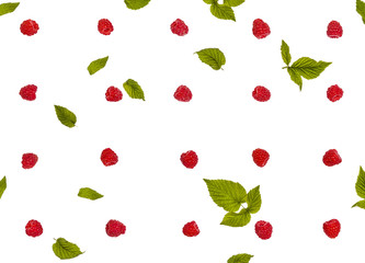 Raspberry and green leaves pattern isolated on white background. Top view. Flat lay