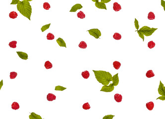 Raspberry and green leaves pattern isolated on white background. Top view. Flat lay