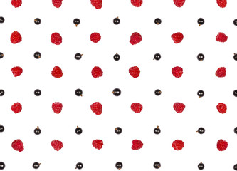 Raspberry and black currant pattern isolated on white background. Top view. Flat lay
