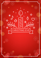 Candle and Ornaments Outline. Christmas Eve Candlelight Service Invitation. Line Art Vector Design and Festive Bokeh Background - 220993390