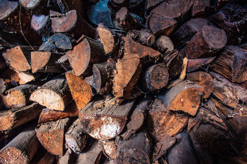Firewood for the winter, stacks of firewood, pile of firewood. Toned