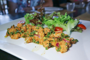spicy salmon or spicy salmon salad or spicy salad, thai food
