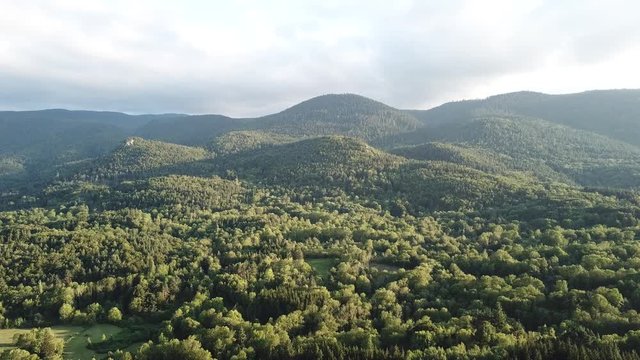 Aerial view of pyrenean forest filmed with drone, Aude in southern of France
