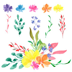 Fototapeta na wymiar watercolor flower arrangements, wreath decorating design. greeting cards banner print invitation.