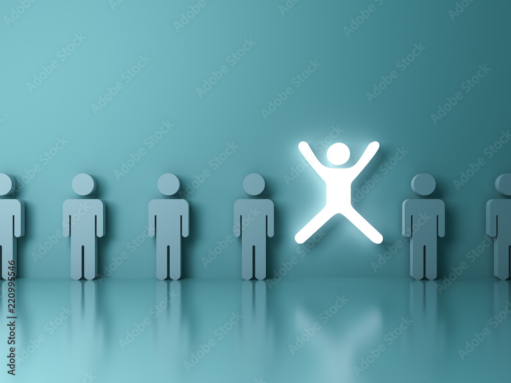 Fototapete Stand out from the crowd and different concept One glowing light man jumping with legs and arms wide open among other people on dark green pastel color background with reflections and 3D rendering