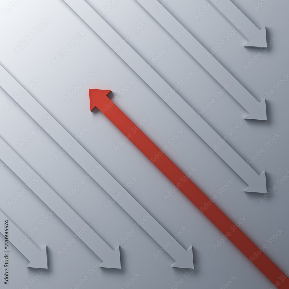 Poster stand out from the crowd and different concept one red up arrow going to bright light among other do