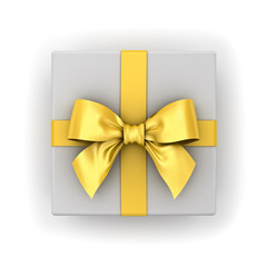 Top view of Gift box or present box with gold ribbon bow isolated on white background with shadow 3D rendering