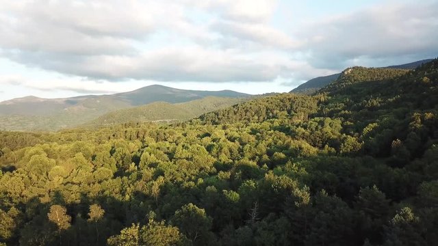 Aerial view of pyrenean forest filmed with drone, Aude in southern of France
