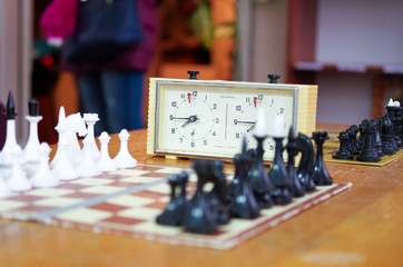 A chessboard with figures. The beginning of the chess game.