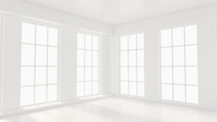 White empty interior, white room with windows, background. 3d illustration, 3d rendering.