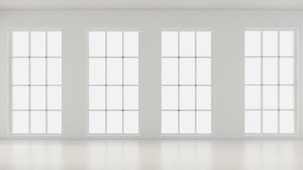 White empty interior, white room with windows, background. 3d illustration, 3d rendering.