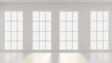 Obraz na płótnie Canvas White empty interior, white room with windows, background. 3d illustration, 3d rendering.