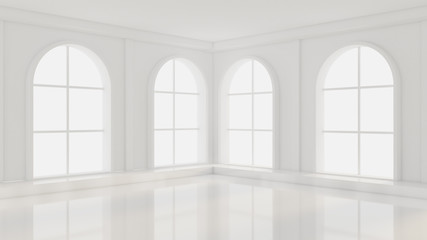 White empty interior, white room with windows, background. 3d illustration, 3d rendering.