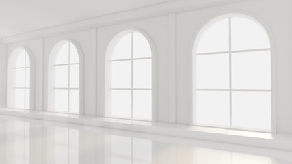 White empty interior, white room with windows, background. 3d illustration, 3d rendering.